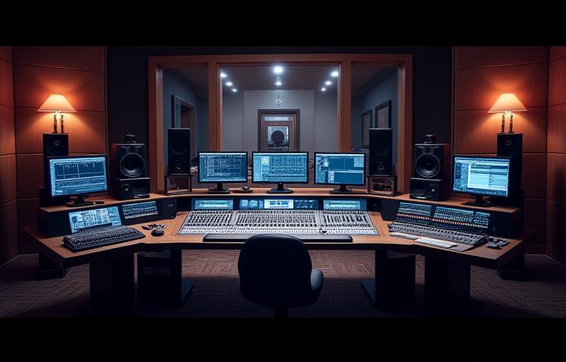 Sala de controle com console de mixagem e monitores de áudio