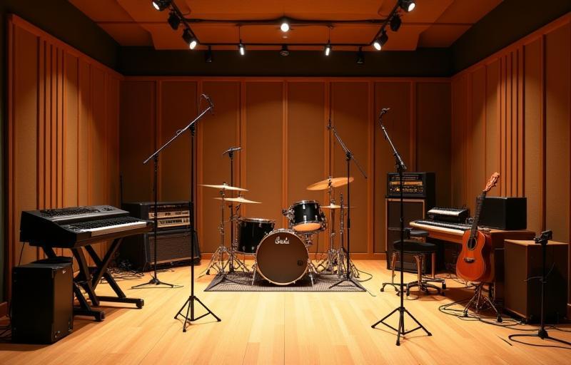 Sala de gravação ao vivo com instrumentos e tratamento acústico